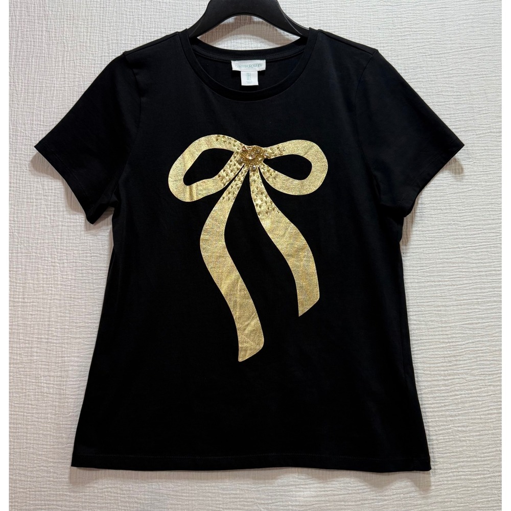 Cynthia Rowley Black Tee with Gold Bow Graphic